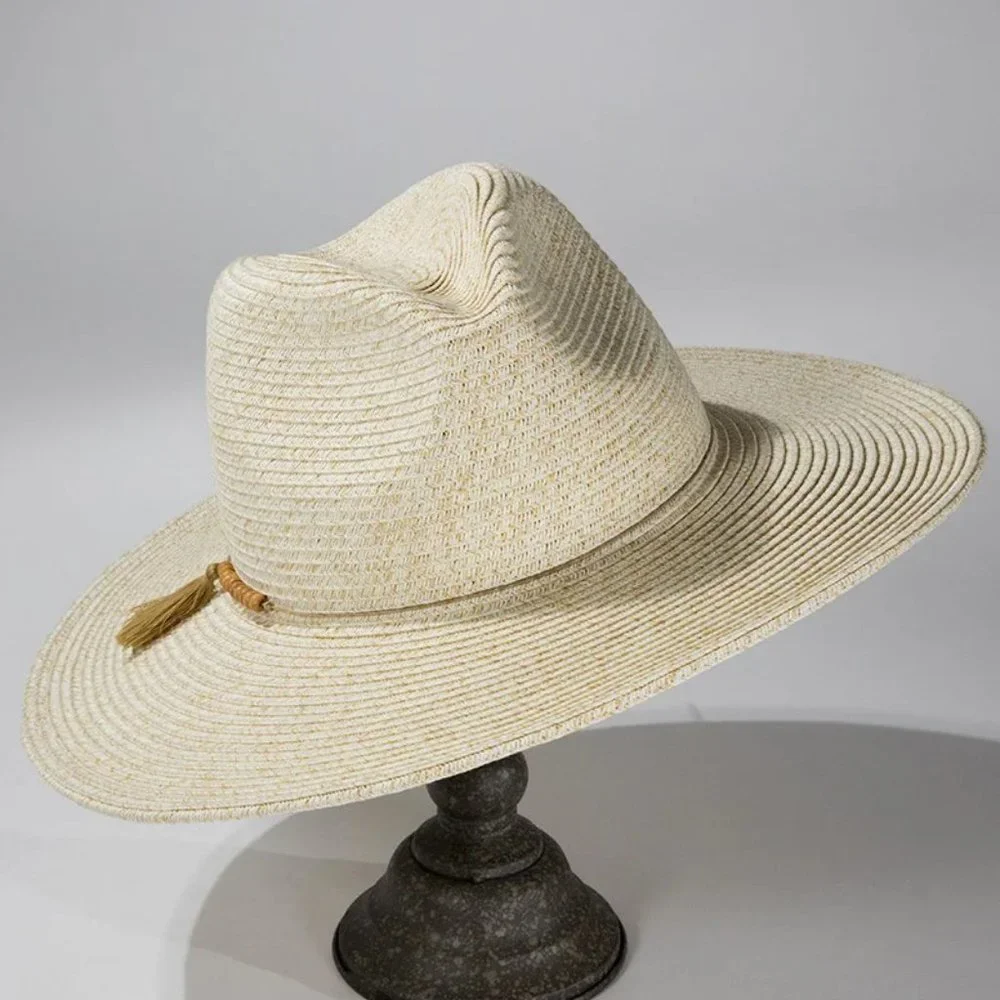 Ivory Duo Tone Panama Hat Wood Bead Bow Accent - Picture 4 of 6